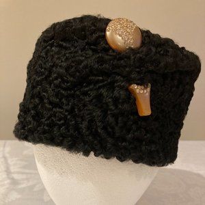Vintage Black Persian Curly Lamb REAL FUR HAT & SPARKLE PIN